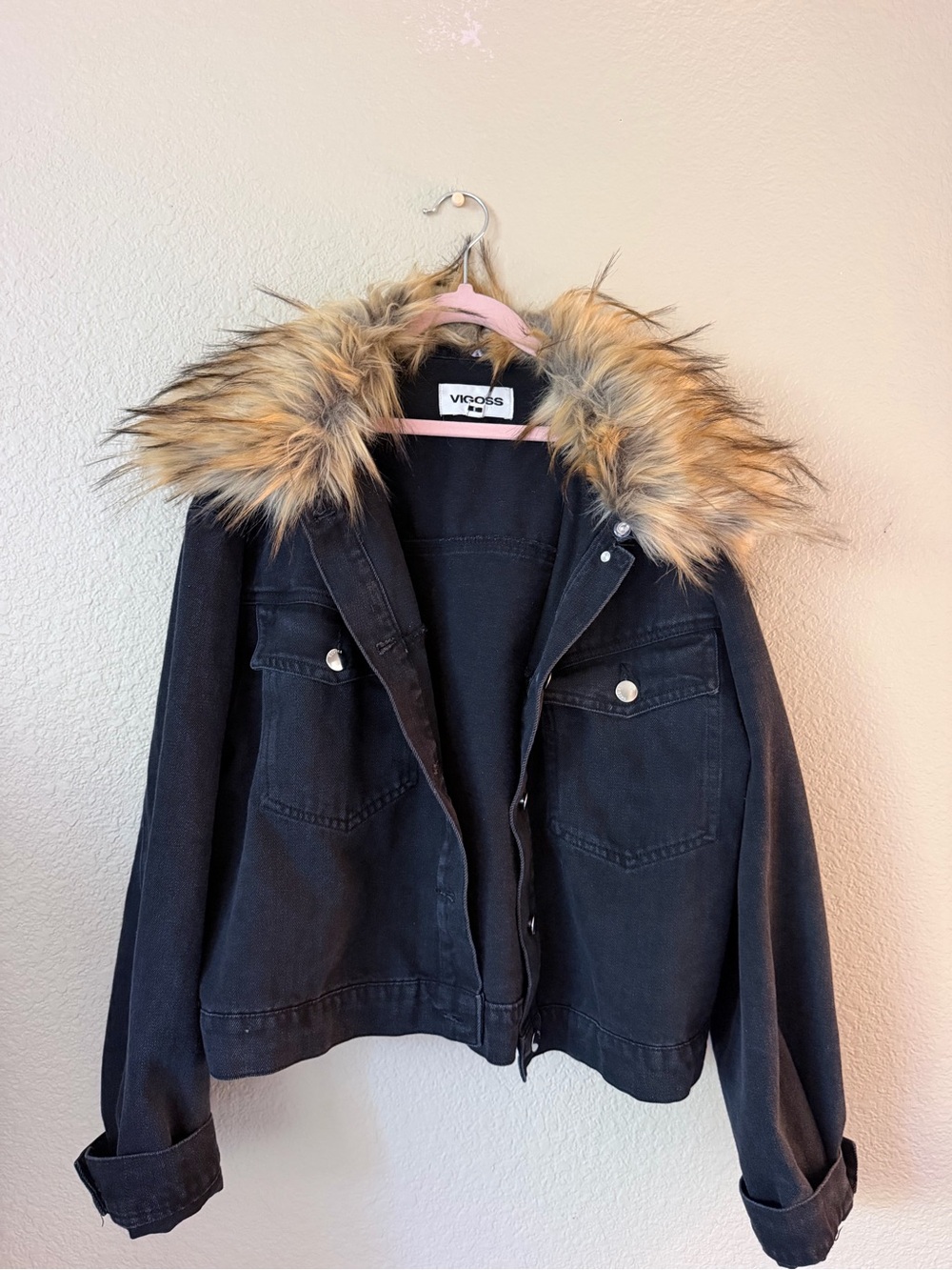 Vigoss Black Jean Jacket with Faux Fur Hood Trim